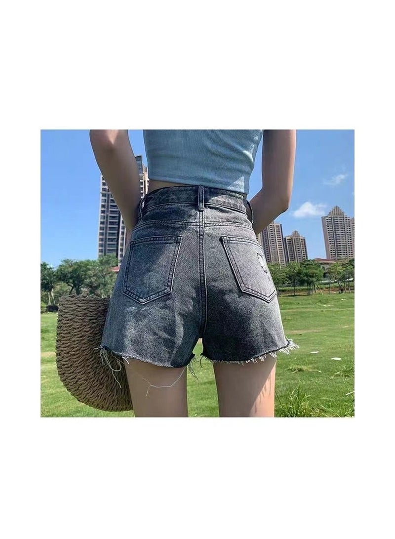 1-Piece Ladies and Girls Short Jeans,Summer Thin Trendy Loose Fitting Womens Denim Shorts,Casual and Versatile Girls Jeans Shorts,Colour Grey,Size S - Image 2