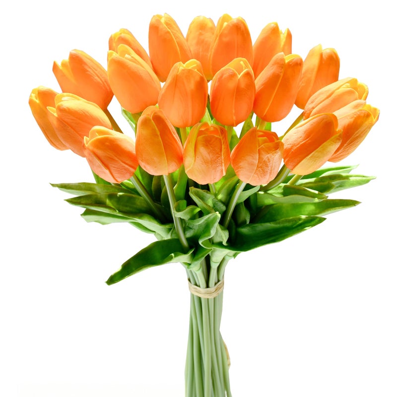 Mandy's Artificial Tulips 20 Stems Orange PU Faux Flowers for Valentine's Day and New Year Decorations Wedding Home Decor 13.5 Inch - Image 1