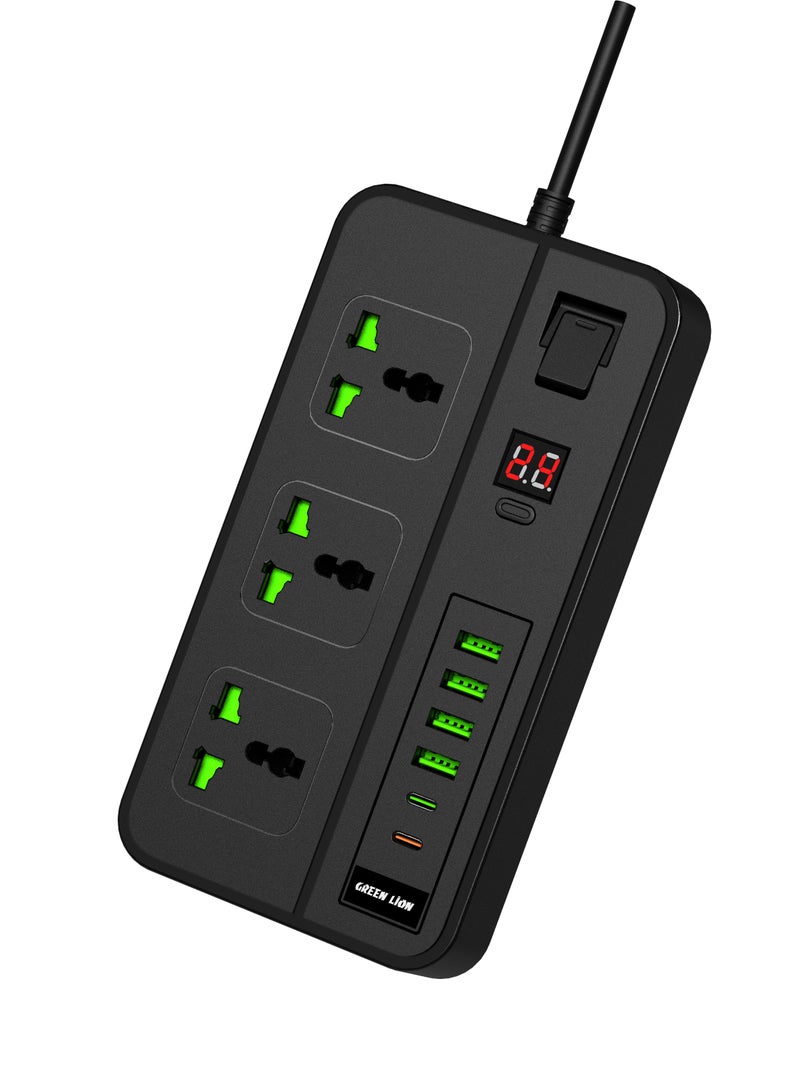 GREEN LION Power Socket 3000W /Universal Compatibility /UK Plug 2Mtr/750° Flame Retardant/ 3Sockets/4USB A /2USB C /Child Safety Door /LED Display - Black - Image 1