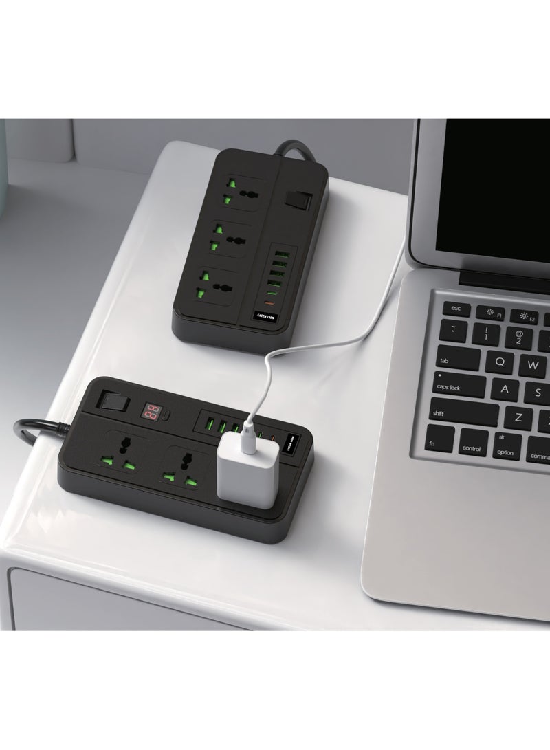 GREEN LION Power Socket 3000W /Universal Compatibility /UK Plug 2Mtr/750° Flame Retardant/ 3Sockets/4USB A /2USB C /Child Safety Door /LED Display - Black - Image 3
