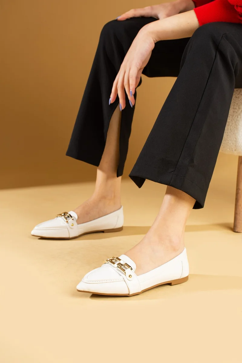 Pembe Potin Pink Booties Pointed Toe Comfortable Shape Chain Detailed Women's Ballerinas 64-170-24