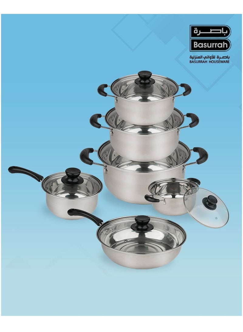 BASURRAH 6-Piece Stainless Steel Pots and Pans Cookware Set with Glass Lids – Durable Rust-Resistant Cooking Utensils, Perfect for Healthy Daily Cooking - Image 2
