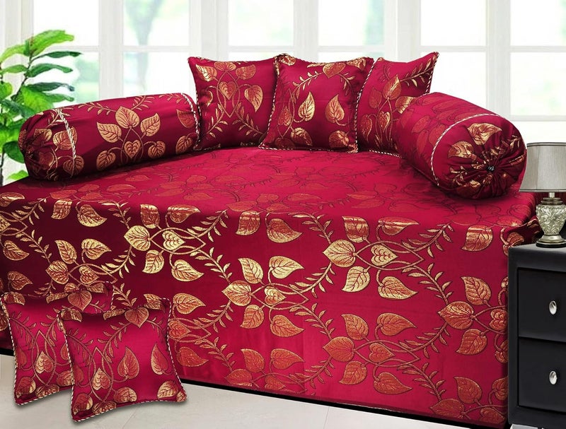 JUPON JUPON Premium Silk and Polycotton Single Bed Diwan Set of 8pc with Made by Shiny Goldish Colored Yarn 1bedsheet 2 Bolster Cover 5 Cushion Cover Maroon 