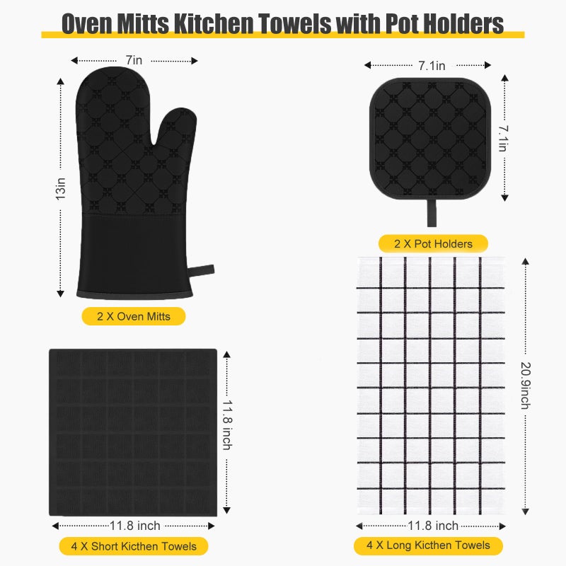 BSKSSK Oven Mitts Kitchen Towels Dishcloths with Pot Holders Sets 12PCS, Dish Towels Sets, Oven Gloves Pot Pads Heat Resistant 500 Degrees with Non-Slip Silicone Surface for Cooking Baking Grilling Black - Image 2