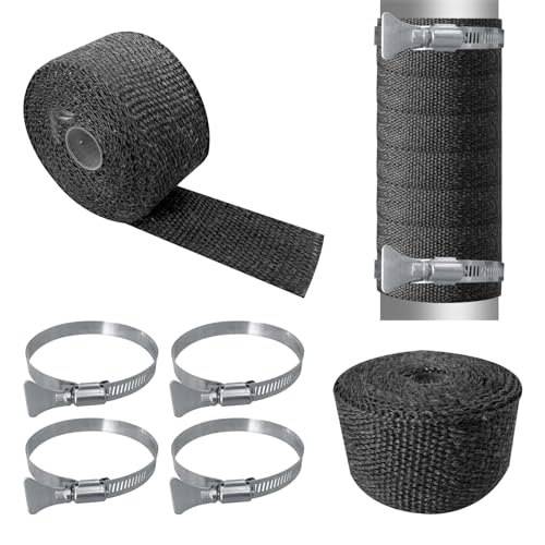 LJZP 2 Pack Fireproof Pipe Wrap Insulation 2" Wide X 16' Long, Fiberglass Heat Shield Tape Pipe Webbing for Stove Flue Protector with 4 Clamps, Black - Image 1