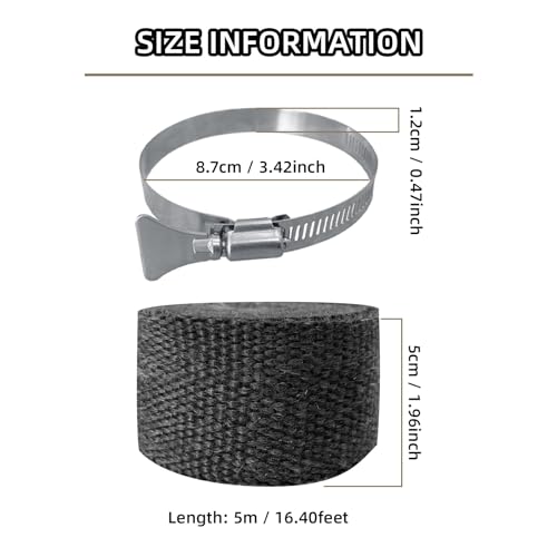 LJZP 2 Pack Fireproof Pipe Wrap Insulation 2" Wide X 16' Long, Fiberglass Heat Shield Tape Pipe Webbing for Stove Flue Protector with 4 Clamps, Black - Image 2