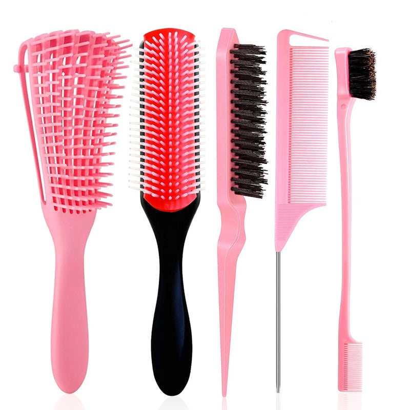 WEXNECOWKZ 5 Pcs Detangling Brush Set - Cushion Nylon Bristles, Dual Edge, Teasing, and Styling Comb (Pink)
