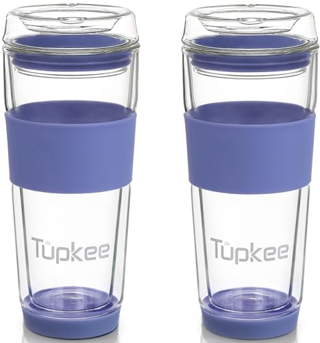 Tupkee Double Wall All Glass Tumbler  14Ounce Reusable Insulated TeaCoffee Mug  Lid Hand Blown Glass Travel Mug  Jacaranda  2 Pack