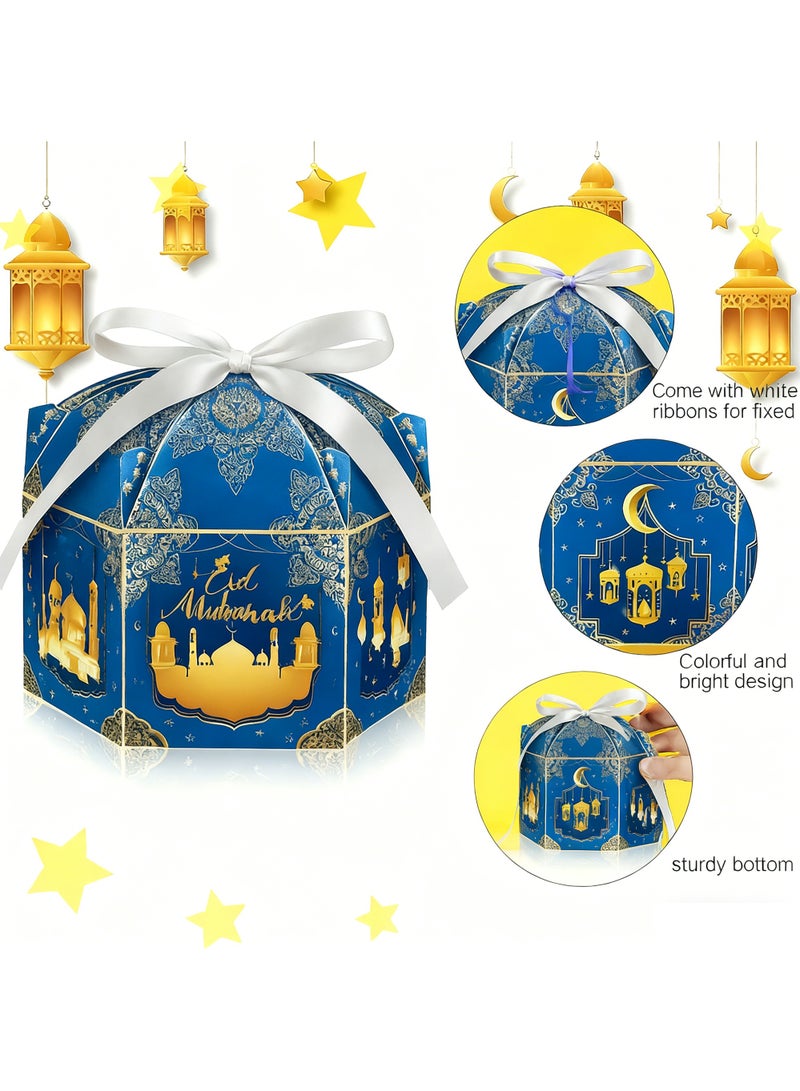 الأزرق جي دبليو 12 عبوة من علب هدايا عيد الفطر المبارك، علب ورقية سداسية الشكل بتصميم فانوس ذهبي وقمر مع شرائط، حاويات حلوى لحفلات الأعياد الإسلامية بمناسبة عيد الفطر - Image 2