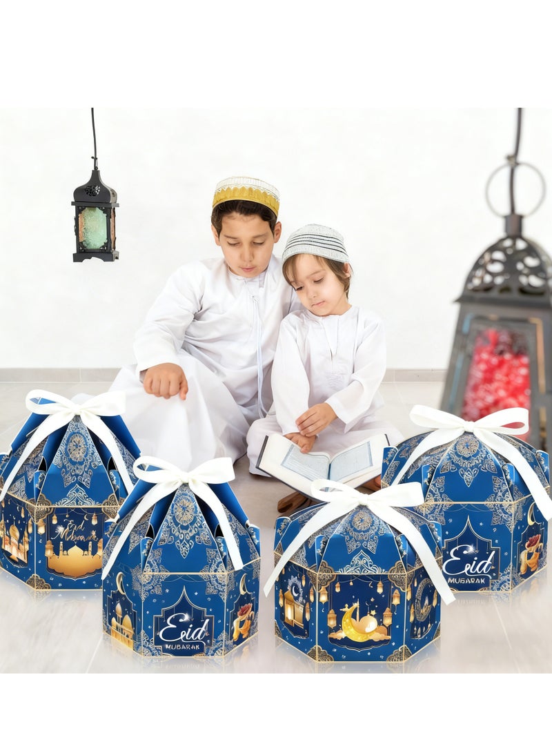 الأزرق جي دبليو 12 عبوة من علب هدايا عيد الفطر المبارك، علب ورقية سداسية الشكل بتصميم فانوس ذهبي وقمر مع شرائط، حاويات حلوى لحفلات الأعياد الإسلامية بمناسبة عيد الفطر - Image 3