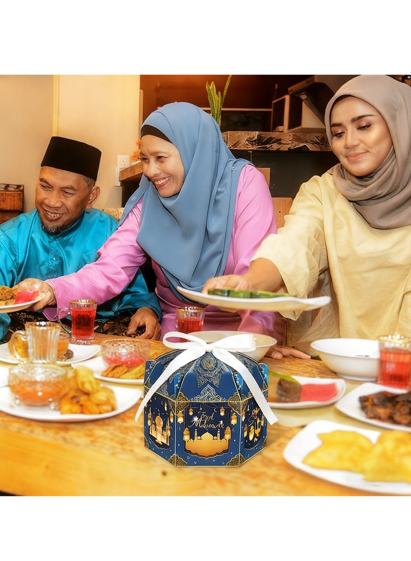 الأزرق جي دبليو 12 عبوة من علب هدايا عيد الفطر المبارك، علب ورقية سداسية الشكل بتصميم فانوس ذهبي وقمر مع شرائط، حاويات حلوى لحفلات الأعياد الإسلامية بمناسبة عيد الفطر - Image 5