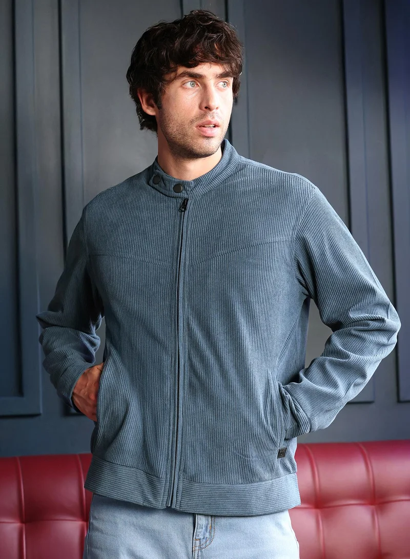 Campus Sutra Men's Aegean Blue Corduroy Rider Jacket | سترة رايدر | كم طويل | نمط صلب | كاجوال ويومي | طوق الفرقة