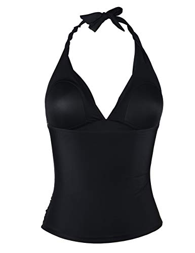 Hilor Women's Plunging V Neck Halter Swim Tops Shirred Tankini Tops Black 16 - Image 4
