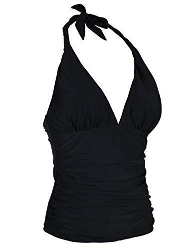 Hilor Women's Plunging V Neck Halter Swim Tops Shirred Tankini Tops Black 16 - Image 3