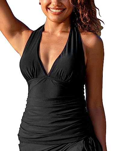 Hilor Women's Plunging V Neck Halter Swim Tops Shirred Tankini Tops Black 16 - Image 5