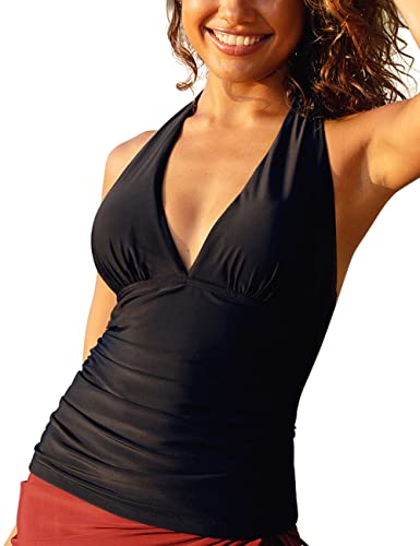 Hilor Women's Plunging V Neck Halter Swim Tops Shirred Tankini Tops Black 16 - Image 2