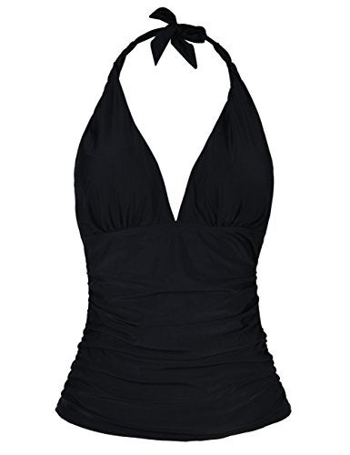 Hilor Women's Plunging V Neck Halter Swim Tops Shirred Tankini Tops Black 16 - Image 1