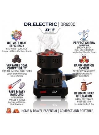 موقد فحم كهربائي، موديل DR650C، 650 واط، 220-240 فولت، أسود، مع مقبض، للاستخدام المنزلي والرحلات - view 5