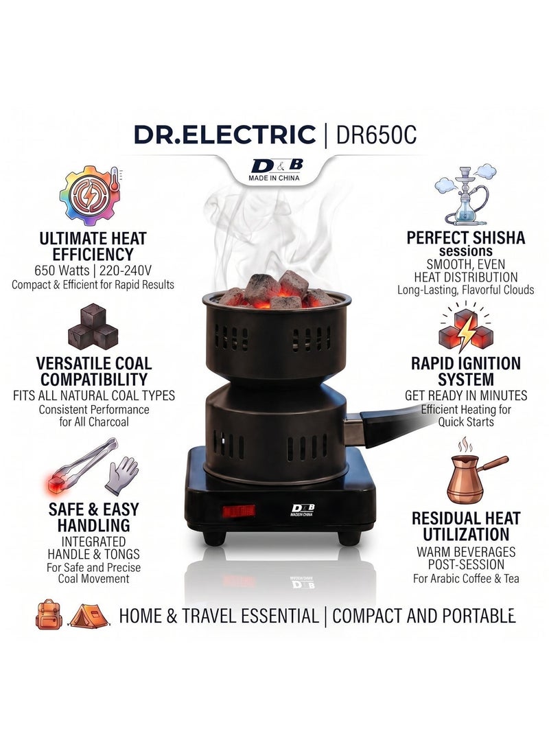 DR.ELECTRIC Electric Charcoal Stove DR650C, 650W, 220-240V, Black, with Handle, for Home and Trip Use - Image 5