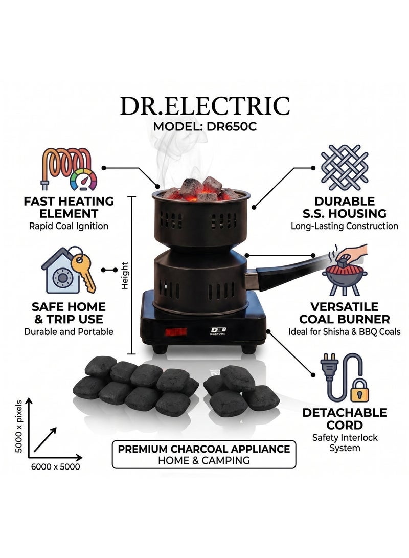 DR.ELECTRIC Electric Charcoal Stove DR650C, 650W, 220-240V, Black, with Handle, for Home and Trip Use - Image 3