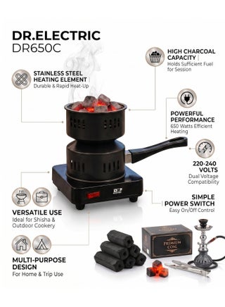 موقد فحم كهربائي، موديل DR650C، 650 واط، 220-240 فولت، أسود، مع مقبض، للاستخدام المنزلي والرحلات - view 2