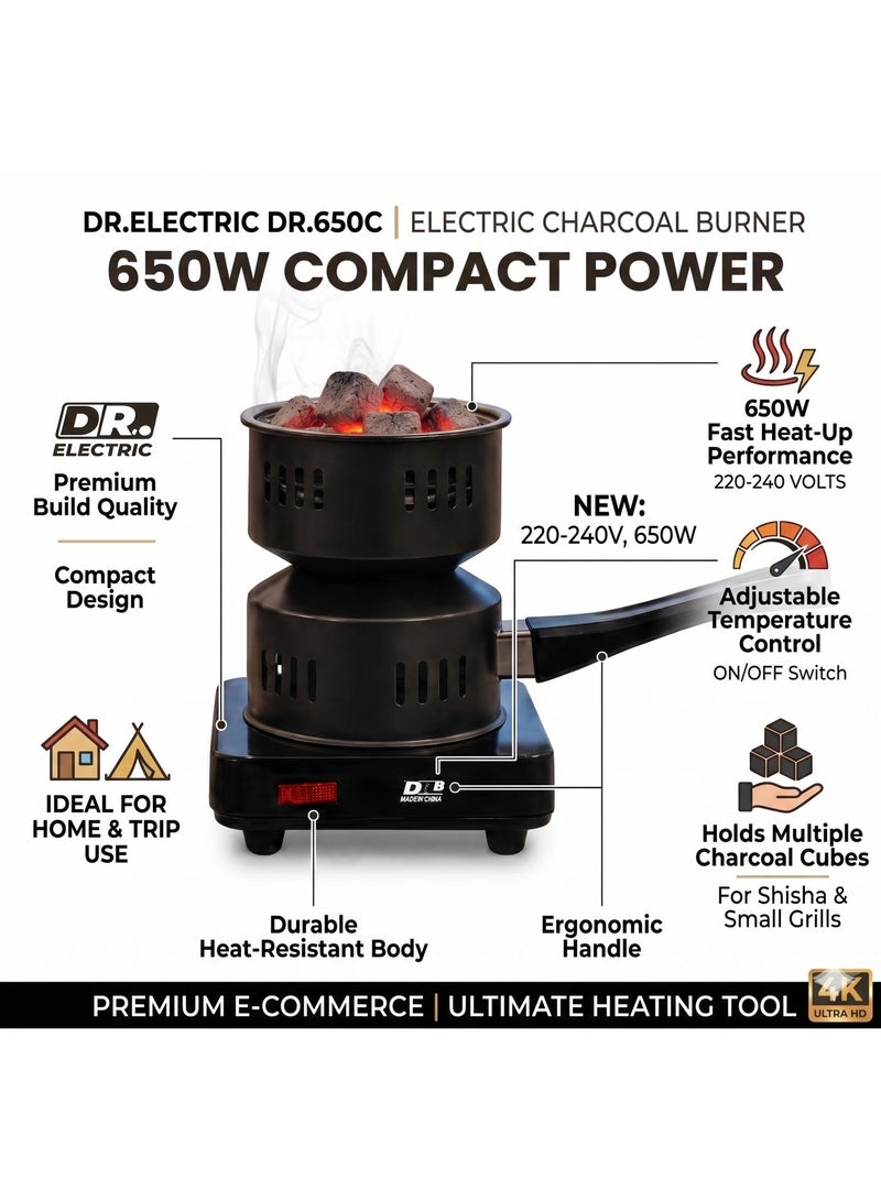 DR.ELECTRIC Electric Charcoal Stove DR650C, 650W, 220-240V, Black, with Handle, for Home and Trip Use - Image 4