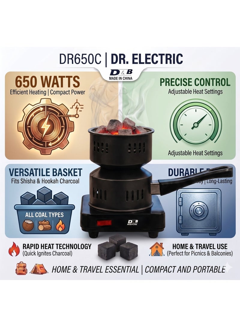 دكتور إلكتريك موقد فحم كهربائي، موديل DR650C، 650 واط، 220-240 فولت، أسود، مع مقبض، للاستخدام المنزلي والرحلات - Image 4