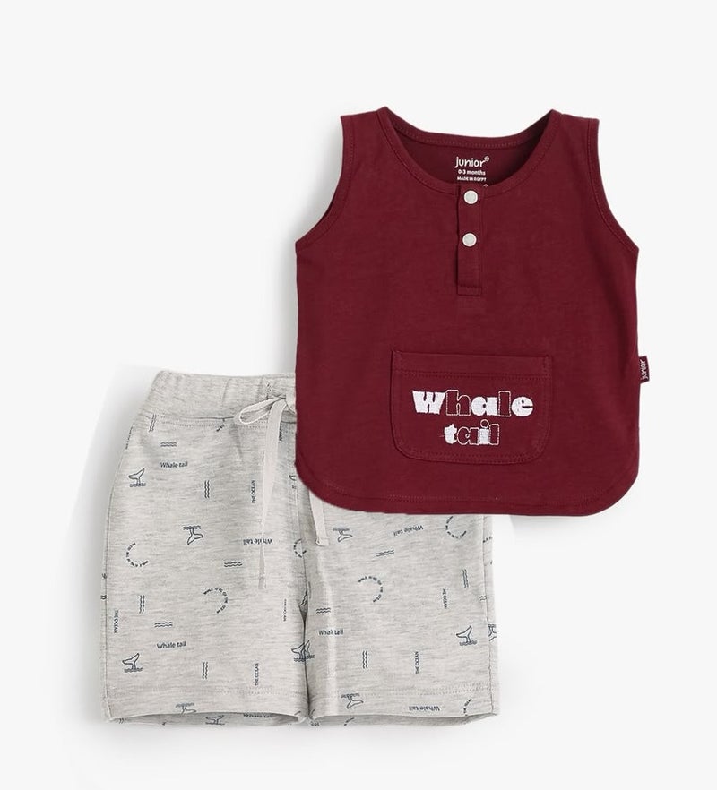 Junior Baby Boys Sleeveless Top and Shorts Set, Maroon/Grey code 1282
