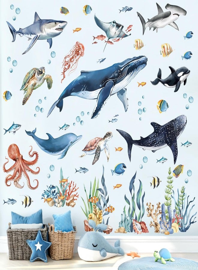 decalmile Under The Sea Fish Wall Decals Ocean Animal Sea Turtle Seaweed Whale Wall Stickers Bathroom Baby Nursery Bedroom Living Room Wall Decor - Image 1