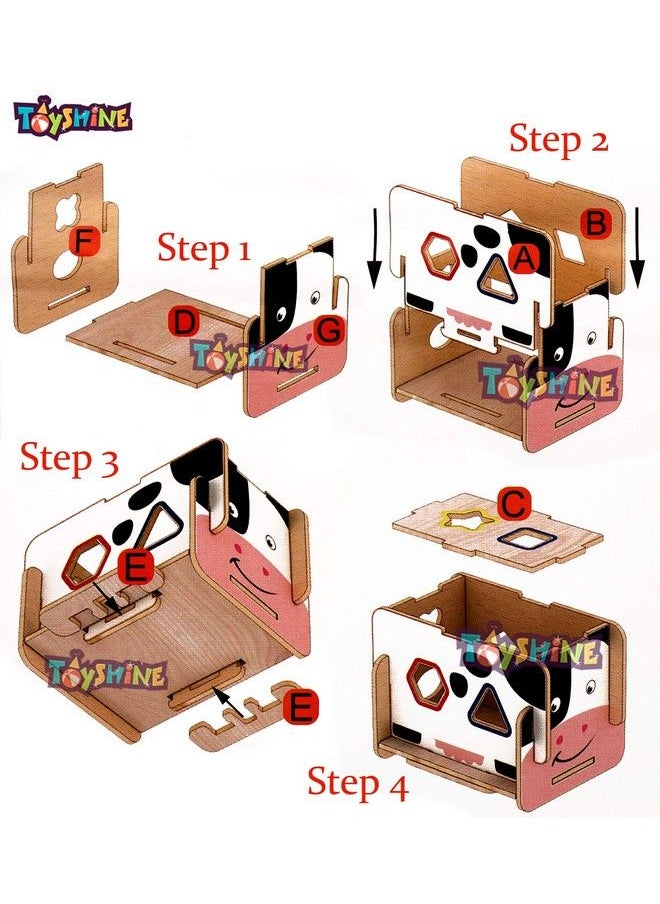 Toyshine - Cow Shaped Wooden Blocks Shape Sorter Cube Building Blocks - Image 1