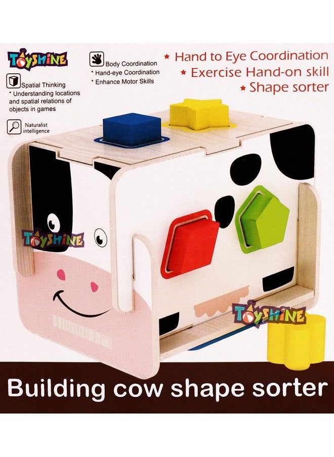 Toyshine - Cow Shaped Wooden Blocks Shape Sorter Cube Building Blocks - Image 1