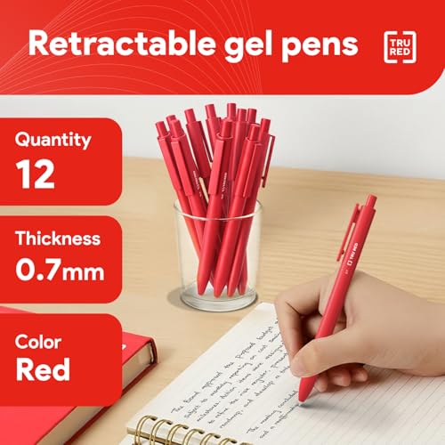 TRU RED Retractable Gel Pens, Medium Point 0.7mm, Red Ink, 12 Pack – Quick‑Dry Pens for Grading, Editing & Mark‑Up - Image 2
