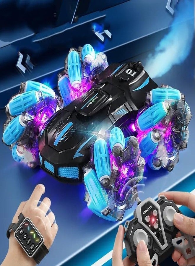 سيارة Ruzarth 2.4G RC Stunt Car - سيارة دفع رباعي للطرق الوعرة مزودة بمستشعر إيماءات، دوران 360 درجة، أضواء LED، موسيقى وسباق عالي السرعة - لعبة تحكم عن بعد للأطفال والكبار، أفضل هدية (أزرق) - Image 4