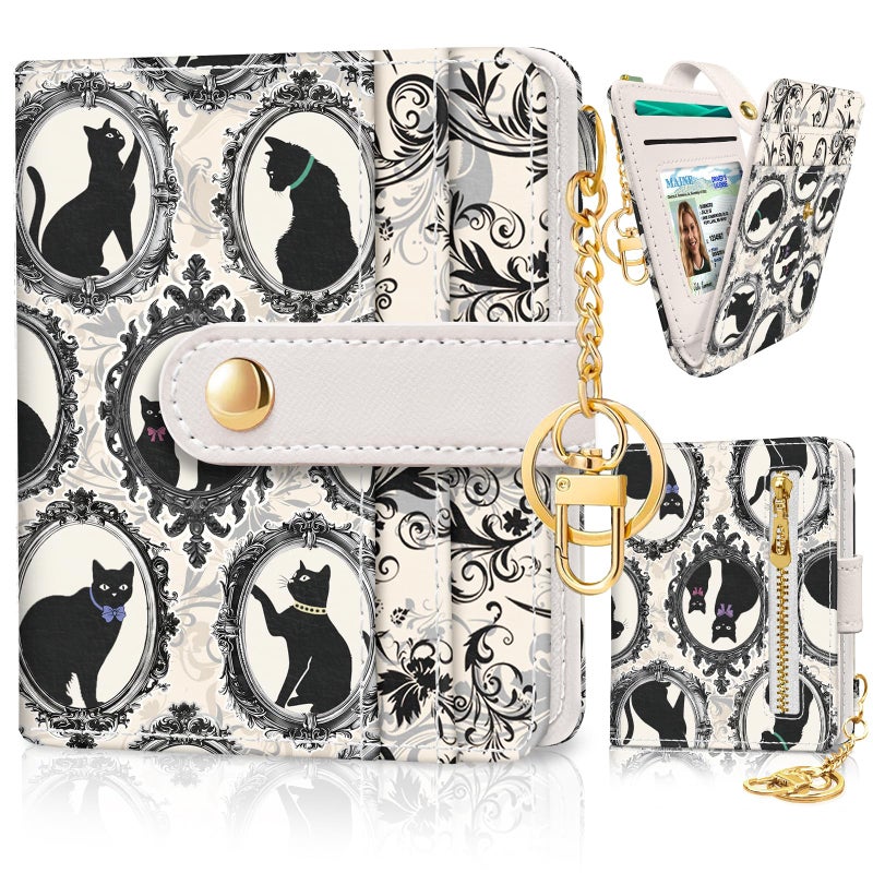 Jogjam Vintage Black Cats Rfid Ladies Wallet, Small Slim Thin Compact Credit Card Women Wallet, Art Aesthetics PU Leather Bifold Cash Zipper Coin Pocket for Female - Image 1