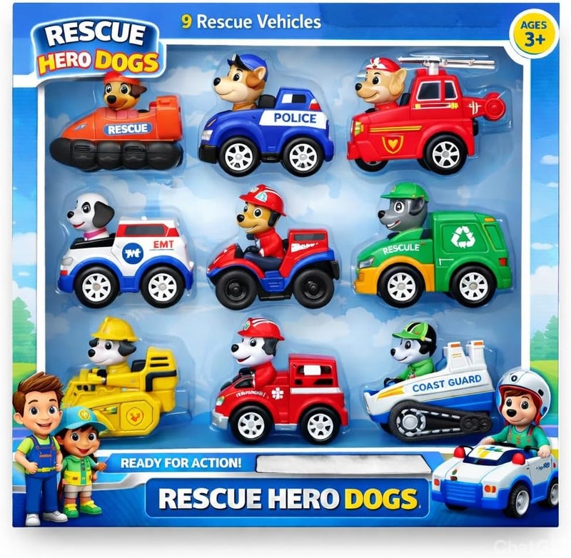 Patrol Dogs Patrolling on Cars Toy Set – 9-Piece Police Dog Figurines with Toy Cars – Kids Toy Vehicles for Boys & Girls – Imaginative Play, Storytelling & Collectible Pretend Play Set