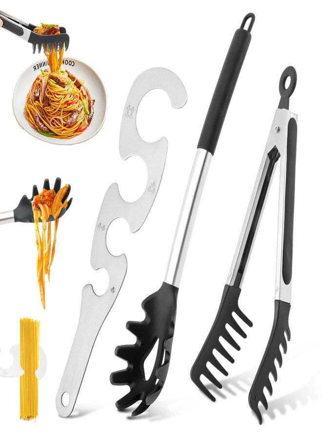 Calidaka Silicone Spaghetti Spoon & Pasta Tong With Pasta Measurer,Non-Stick Stainless Steel Handle Spaghetti Fork Set with Teeth,Spaghetti Tong Food Clip for Easy Serving of Noodles - Image 1
