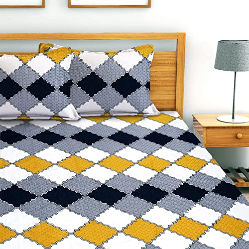 AEROHAVEN 180TC Glace Cotton Abstract Flat Double Bedsheet with 2 Pillow Covers - GCB22 - Grey, Yellow - Image 2