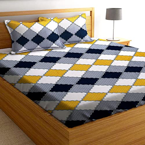 AEROHAVEN 180TC Glace Cotton Abstract Flat Double Bedsheet with 2 Pillow Covers - GCB22 - Grey, Yellow - Image 1