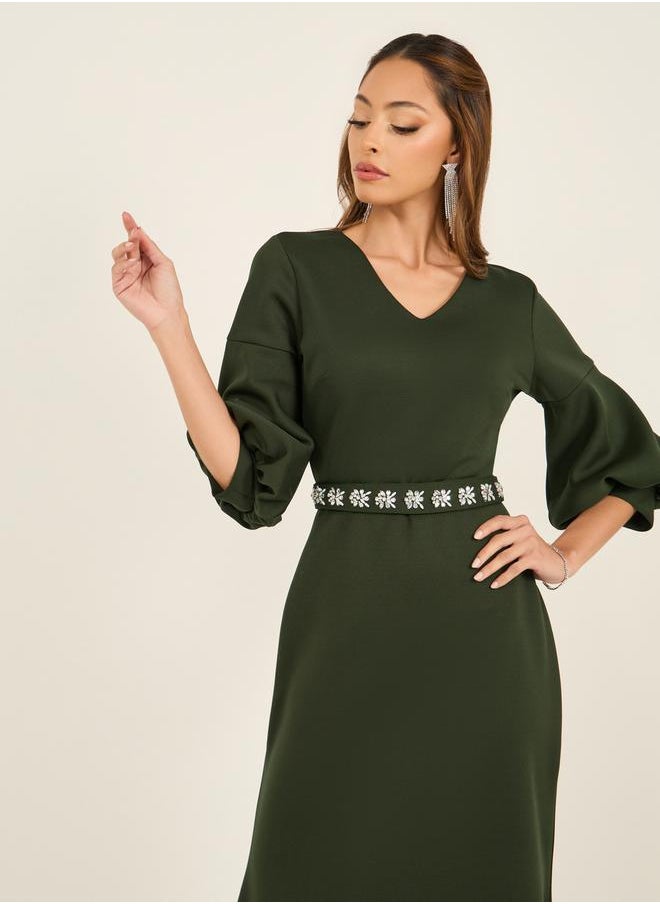 Styli Embellished Waistband 3/4th Sleeves Maxi Dress  - Image 3