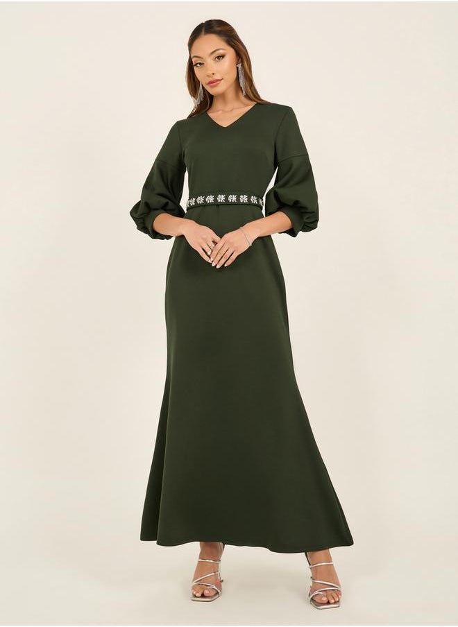 Styli Embellished Waistband 3/4th Sleeves Maxi Dress  - Image 1