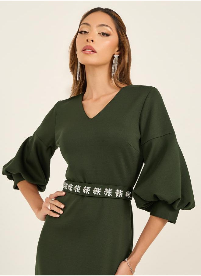 Styli Embellished Waistband 3/4th Sleeves Maxi Dress  - Image 4