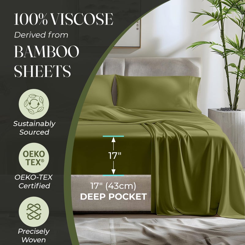 DECOLURE 100% Organic Viscose Derived from Bamboo Sheets Cal King Size 6pcs - Ultra Soft & Luxuriously Cooling 17"" Deep Pocket Double Stitching Perfect for Hot Sleepers - King Bed Sheets (Light Olive) - Image 4