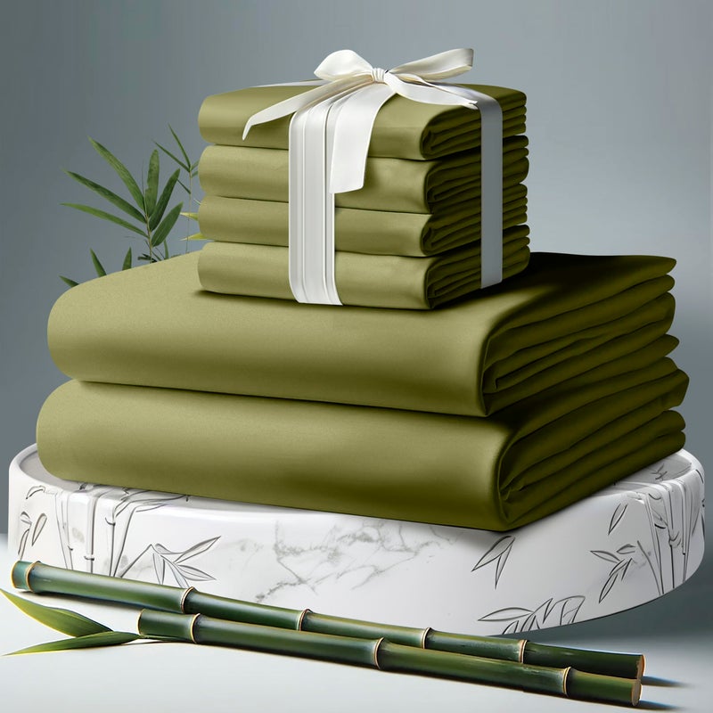 DECOLURE 100% Organic Viscose Derived from Bamboo Sheets Cal King Size 6pcs - Ultra Soft & Luxuriously Cooling 17"" Deep Pocket Double Stitching Perfect for Hot Sleepers - King Bed Sheets (Light Olive) - Image 1
