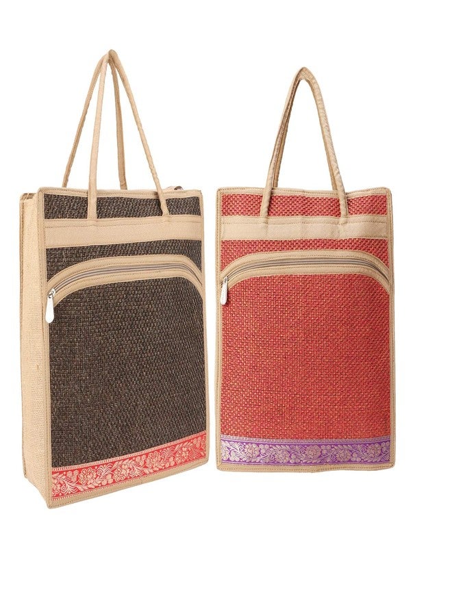 Fclues Jute Lunch Bag for Everyday Use with Top Zipper (Maroon and Brown) - Image 1