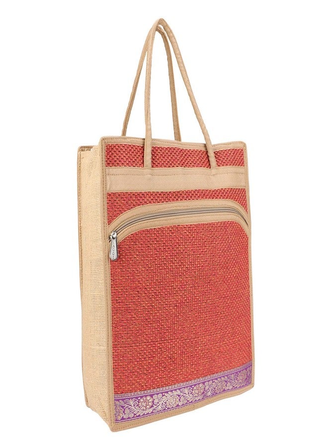 Fclues Jute Lunch Bag for Everyday Use with Top Zipper (Maroon and Brown) - Image 5