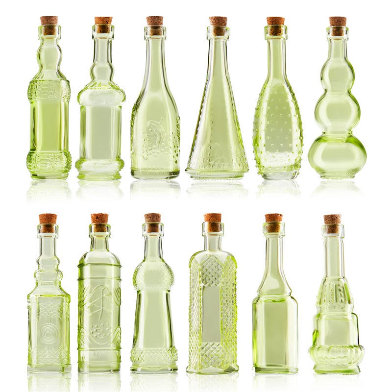 BULK PARADISE Small Mini Green Vintage Glass Bottles with Corks Mini Vases Decorative Potion Assorted Design Set of 12 pcs 46 Inch Tall 1143cm 14 Inch Wide 356cm
