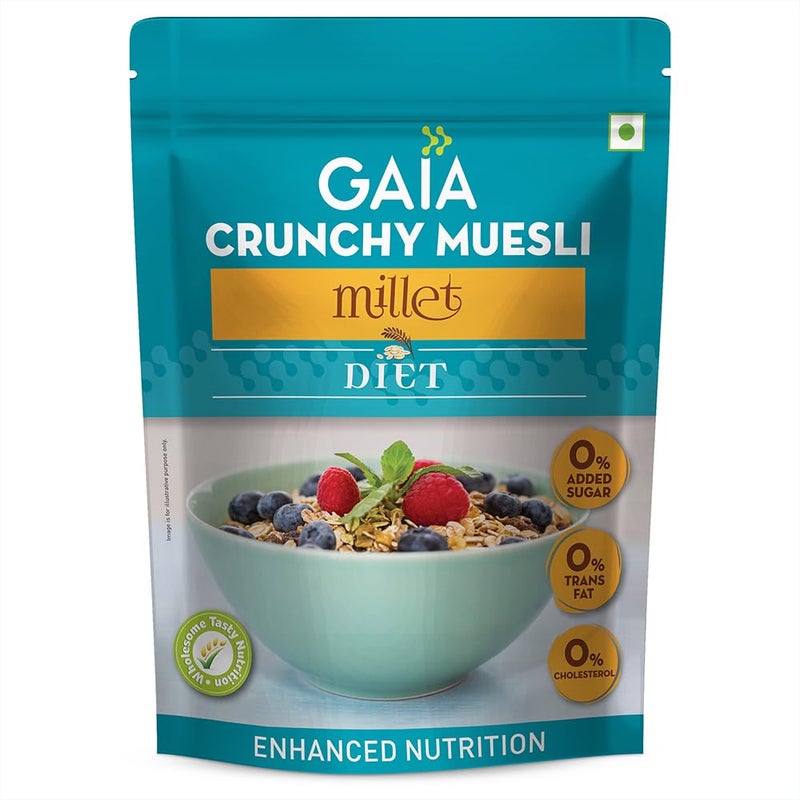 Gaia Crunchy Millet Muesli | High on Proteins | Low on Cholesterol | No Trans-Fat | Sugar Free | No Preservatives | Abundance of Antioxidants Diet 375Gm - Image 1