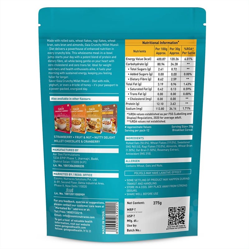 Gaia Crunchy Millet Muesli | High on Proteins | Low on Cholesterol | No Trans-Fat | Sugar Free | No Preservatives | Abundance of Antioxidants Diet 375Gm - Image 2