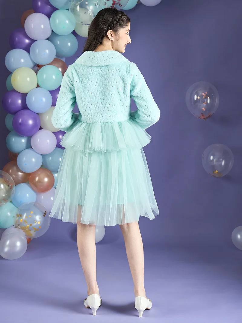 Cherry & Jerry Girl Fit and Flare Blue Glitter Faux Fur & Mesh Knee Length Dress