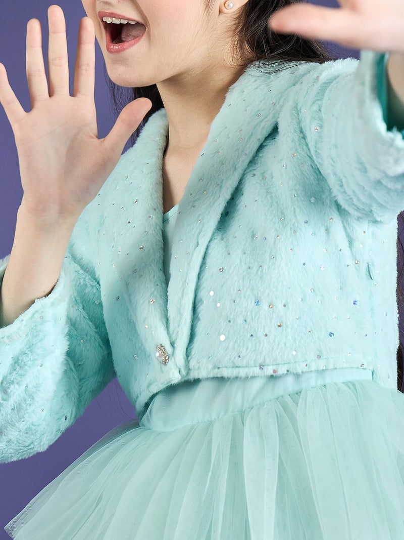 Cherry & Jerry Girl Fit and Flare Blue Glitter Faux Fur & Mesh Knee Length Dress - Image 3